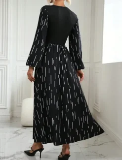Women's Geometric Crew Neck Midi Dress Long Sleeve Spring Fall