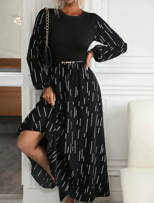 Women's Geometric Crew Neck Midi Dress Long Sleeve Spring Fall