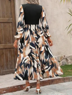 Women's Geometric Crew Neck Midi Dress Long Sleeve Spring Fall