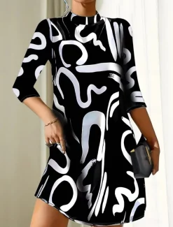 Women's Geometric Stand Collar Mini Dress 3/4 Length Sleeve Spring Fall