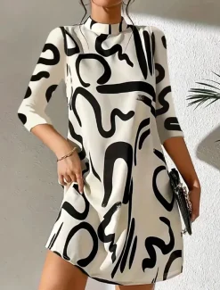 Women's Geometric Stand Collar Mini Dress 3/4 Length Sleeve Spring Fall