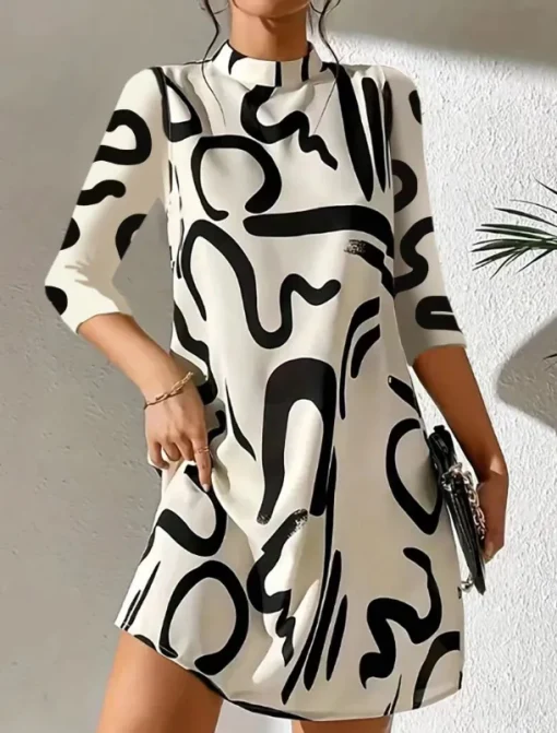 Women's Geometric Stand Collar Mini Dress 3/4 Length Sleeve Spring Fall