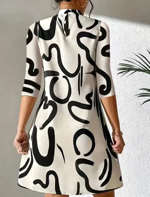 Women's Geometric Stand Collar Mini Dress 3/4 Length Sleeve Spring Fall