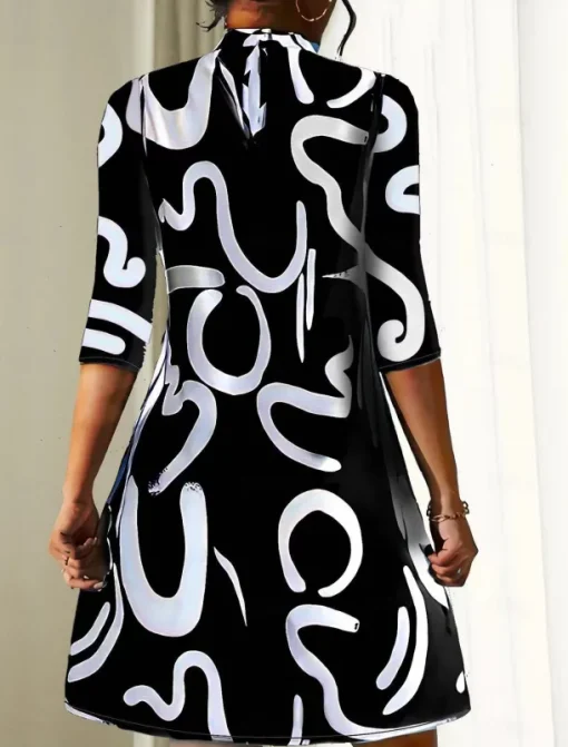 Women's Geometric Stand Collar Mini Dress 3/4 Length Sleeve Spring Fall
