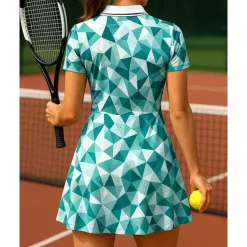Women's Geometric Tennis Skirts with Shorts Sports Dress Short Sleeves Printing Moisture Wicking Breathable Tennis Golf Pickleball Polo Collar Open Back Green Tennis Clothing