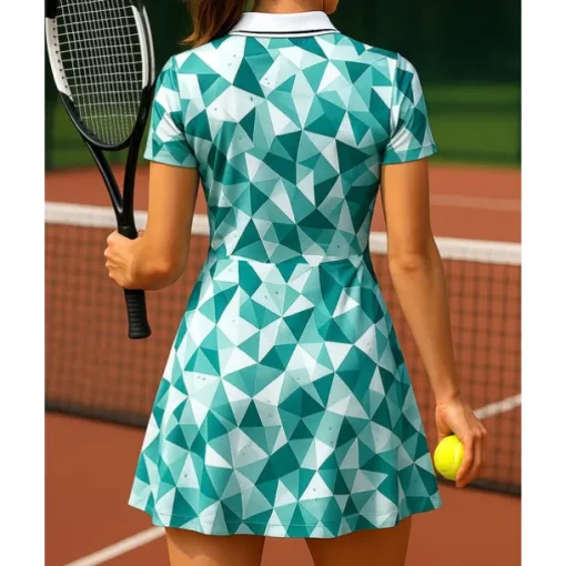 Women's Geometric Tennis Skirts with Shorts Sports Dress Short Sleeves Printing Moisture Wicking Breathable Tennis Golf Pickleball Polo Collar Open Back Green Tennis Clothing