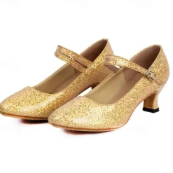 Women's Glitter Ballroom Dance Shoes – Silver Sparkly Mary Jane Heels with Adjustable Strap for Latin Tango Performance