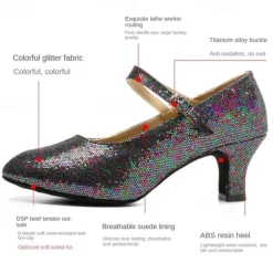 Women's Glitter Ballroom Dance Shoes – Silver Sparkly Mary Jane Heels with Adjustable Strap for Latin Tango Performance
