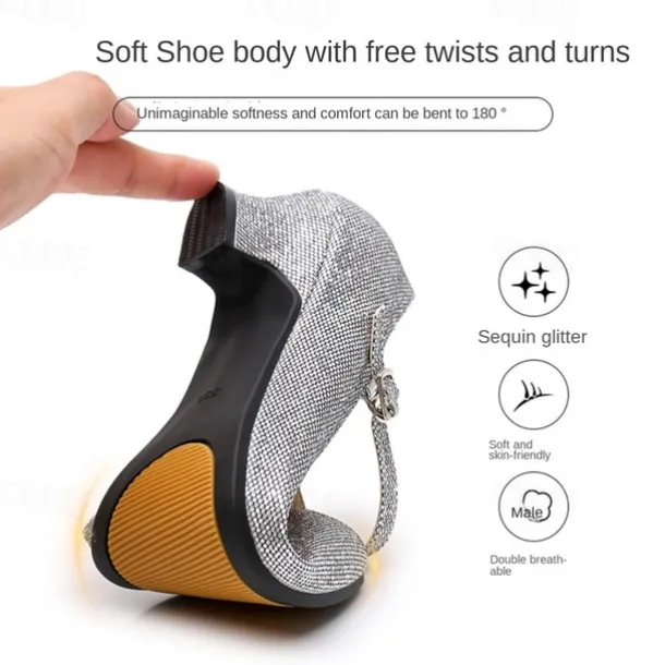Women's Glitter Ballroom Dance Shoes – Silver Sparkly Mary Jane Heels with Adjustable Strap for Latin Tango Performance