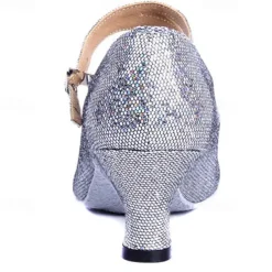 Women's Glitter Ballroom Dance Shoes – Silver Sparkly Mary Jane Heels with Adjustable Strap for Latin Tango Performance