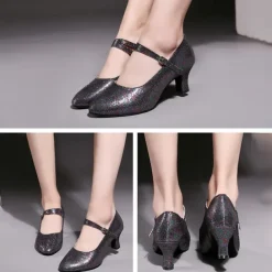Women's Glitter Ballroom Dance Shoes – Silver Sparkly Mary Jane Heels with Adjustable Strap for Latin Tango Performance