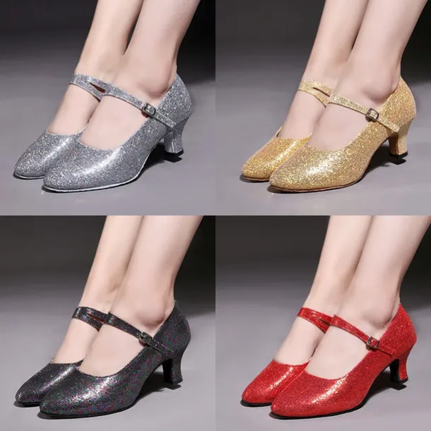 Women's Glitter Ballroom Dance Shoes – Silver Sparkly Mary Jane Heels with Adjustable Strap for Latin Tango Performance