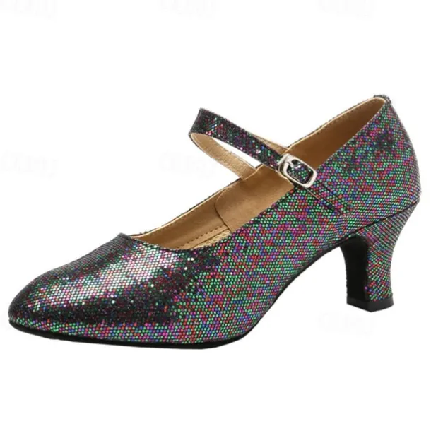 Women's Glitter Ballroom Dance Shoes – Silver Sparkly Mary Jane Heels with Adjustable Strap for Latin Tango Performance