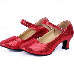 Women's Glitter Ballroom Dance Shoes – Silver Sparkly Mary Jane Heels with Adjustable Strap for Latin Tango Performance