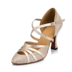Women's Glitter Latin Dance Heels – Strappy Ballroom Performance Shoes with Buckle for Salsa, Tango & Party Events