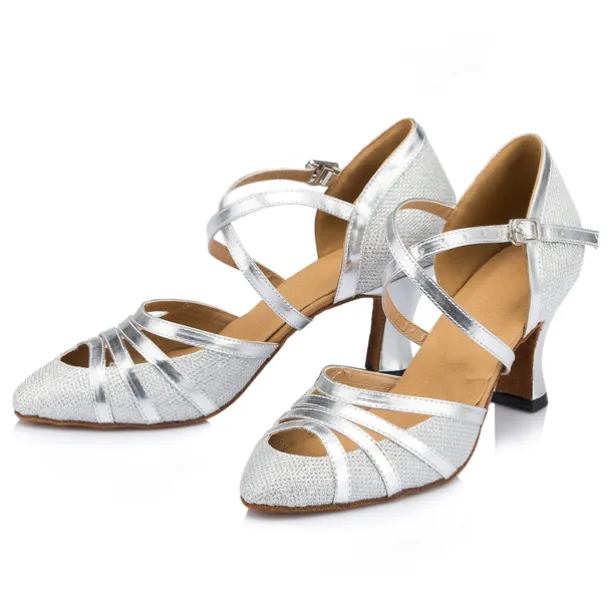 Women's Glitter Latin Dance Heels – Strappy Ballroom Performance Shoes with Buckle for Salsa, Tango & Party Events