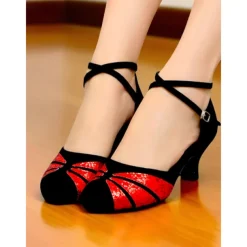 Women's Glitter Latin Dance Shoes - Red and Black Heels with Ankle Straps for Professional Ballroom and Salsa Performance