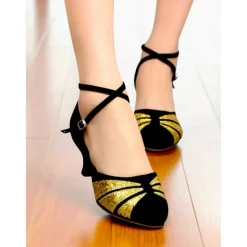 Women's Glitter Latin Dance Shoes - Red and Black Heels with Ankle Straps for Professional Ballroom and Salsa Performance