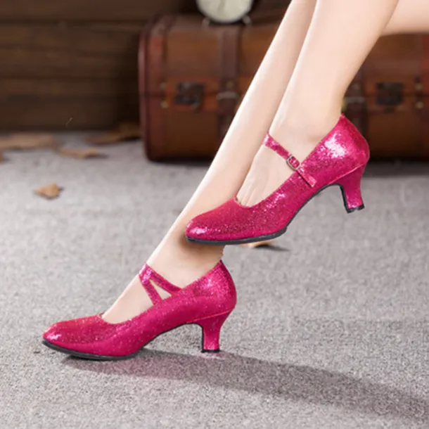 Women's Glitter Mary Jane Dance Shoes – Sparkly Pink Low Heel Ballroom Performance Heels for Latin, Salsa, and Party Events