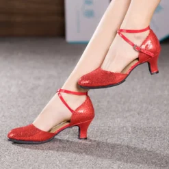 Women's Glitter Silver Dance Shoes with Ankle Straps and Mid Heels - Ideal for Salsa, Ballroom, and Party Events