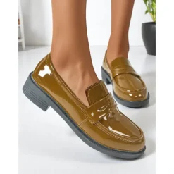 Women's Glossy Faux Leather Loafers with Round Toe and Low Heel, Elegant Slip-On Work Shoes for Urban Professionals, All-Day Wear