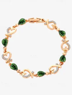 Women's Gold Bracelet with Red Teardrop Crystals and Heart-Shaped Accents, Elegant Romantic Design for Valentine's Day Gift, Weddings, and Special Occasions