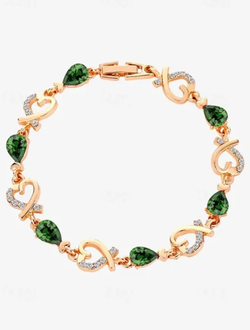 Women's Gold Bracelet with Red Teardrop Crystals and Heart-Shaped Accents, Elegant Romantic Design for Valentine's Day Gift, Weddings, and Special Occasions