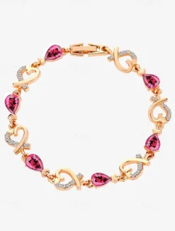 Women's Gold Bracelet with Red Teardrop Crystals and Heart-Shaped Accents, Elegant Romantic Design for Valentine's Day Gift, Weddings, and Special Occasions