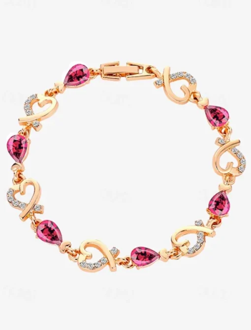 Women's Gold Bracelet with Red Teardrop Crystals and Heart-Shaped Accents, Elegant Romantic Design for Valentine's Day Gift, Weddings, and Special Occasions