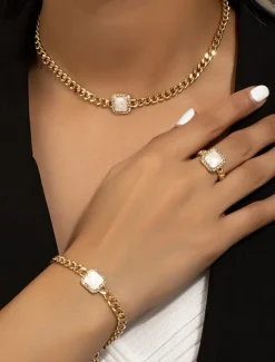 Women's Gold Chain Jewelry Set with Red Square Gemstone – Necklace, Bracelet, and Ring for Weddings, Parties, and Elegant Occasions