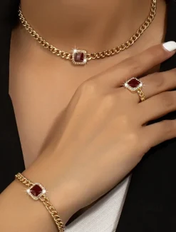 Women's Gold Chain Jewelry Set with Red Square Gemstone – Necklace, Bracelet, and Ring for Weddings, Parties, and Elegant Occasions