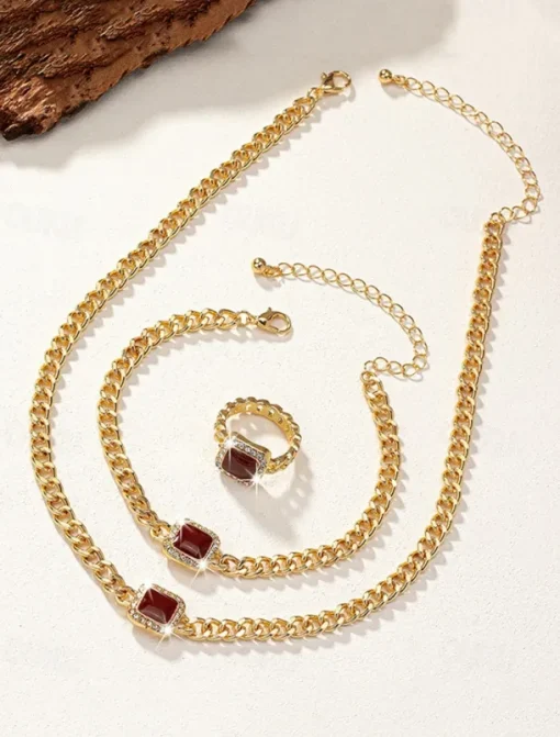 Women's Gold Chain Jewelry Set with Red Square Gemstone – Necklace, Bracelet, and Ring for Weddings, Parties, and Elegant Occasions