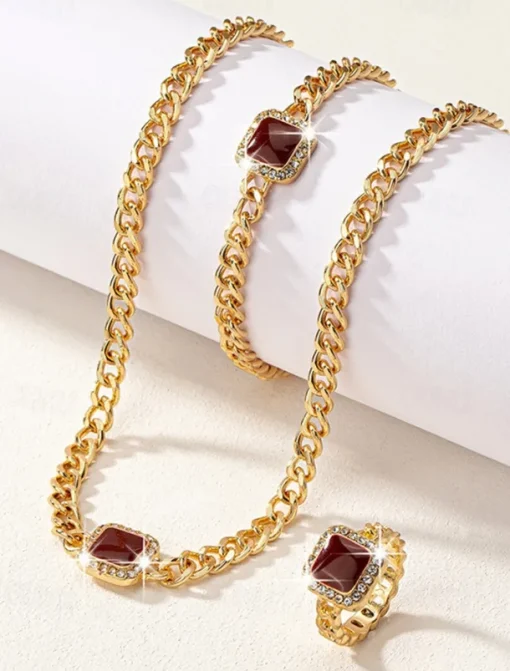 Women's Gold Chain Jewelry Set with Red Square Gemstone – Necklace, Bracelet, and Ring for Weddings, Parties, and Elegant Occasions