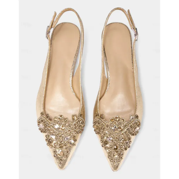 Women's Gold Embellished Pointed Toe Slingback Flats with Crystal Detailing - Luxurious Bridal Shoes for Weddings and Special Events