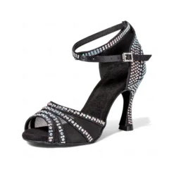 Women's Gold Glitter Ballroom Dance Sandals - Peep Toe, Mesh Straps, Mid Heel, Latin Salsa Tango Shoes for Competition and Party