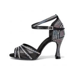 Women's Gold Glitter Ballroom Dance Sandals - Peep Toe, Mesh Straps, Mid Heel, Latin Salsa Tango Shoes for Competition and Party