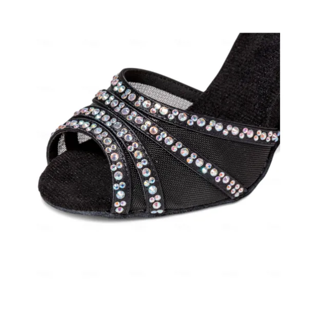 Women's Gold Glitter Ballroom Dance Sandals - Peep Toe, Mesh Straps, Mid Heel, Latin Salsa Tango Shoes for Competition and Party