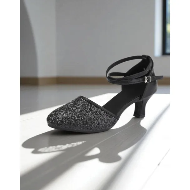 Women's Gold Glitter Latin Dance Shoes with Ankle Strap - Professional Ballroom Performance Heels for Ladies