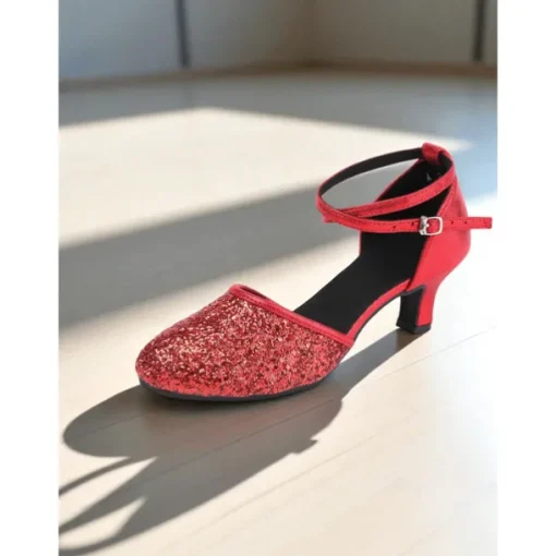 Women's Gold Glitter Latin Dance Shoes with Ankle Strap - Professional Ballroom Performance Heels for Ladies