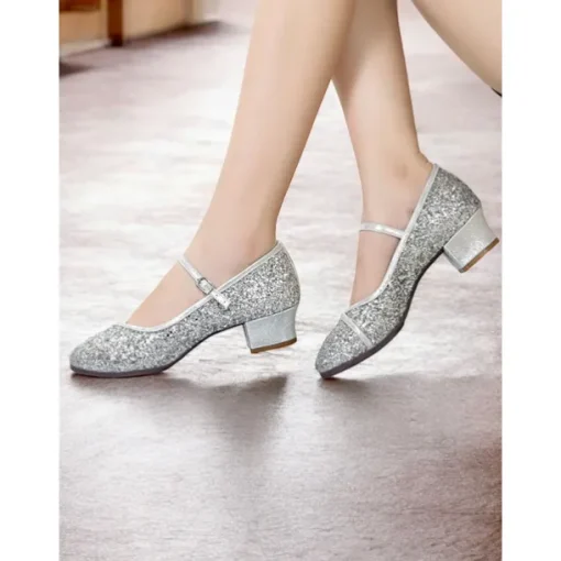 Women's Gold Glitter Mary Jane Dance Shoes – Low Block Heel Ballroom Shoes for Special Events and Performances