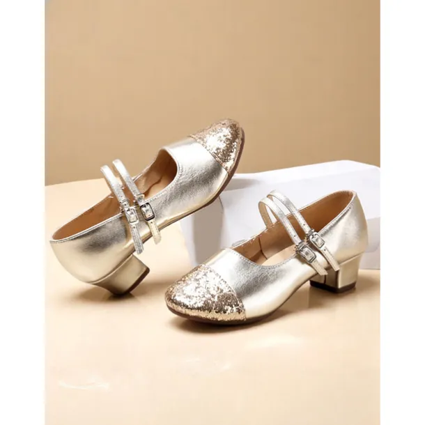 Women's Gold Glitter Toe Dance Shoes with Double Straps - Professional Low Heel Ballroom Latin Shoes for Performances and Dance Classes