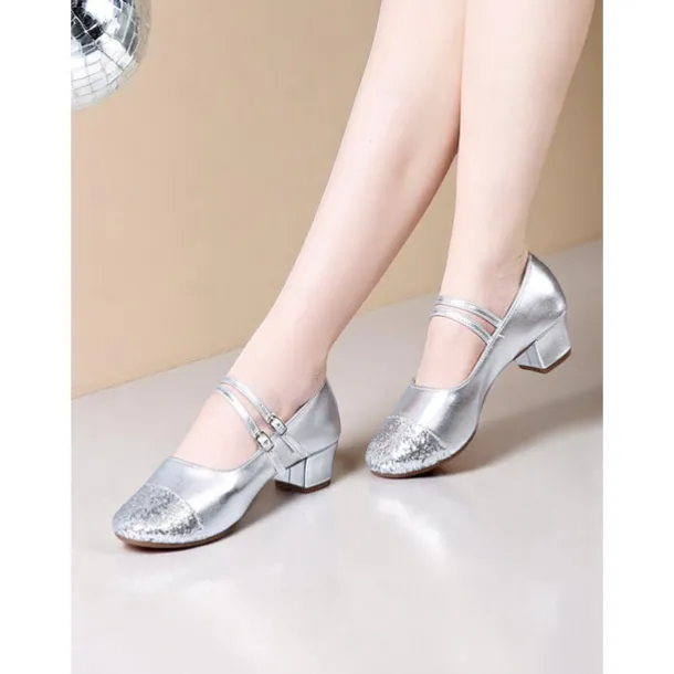 Women's Gold Glitter Toe Dance Shoes with Double Straps - Professional Low Heel Ballroom Latin Shoes for Performances and Dance Classes
