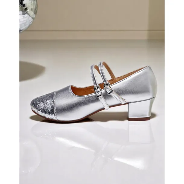 Women's Gold Glitter Toe Dance Shoes with Double Straps - Professional Low Heel Ballroom Latin Shoes for Performances and Dance Classes