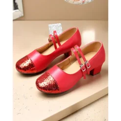 Women's Gold Glitter Toe Dance Shoes with Double Straps - Professional Low Heel Ballroom Latin Shoes for Performances and Dance Classes