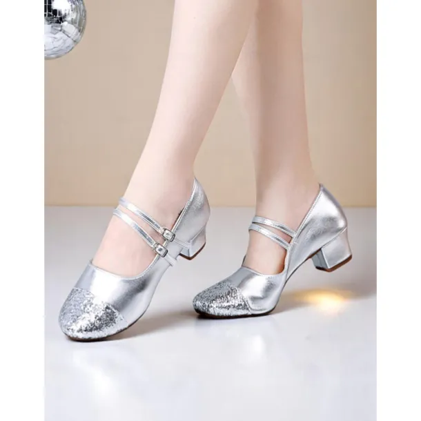 Women's Gold Glitter Toe Dance Shoes with Double Straps - Professional Low Heel Ballroom Latin Shoes for Performances and Dance Classes