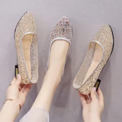 Women's Gold Lace Flats with Metallic Heel – Elegant Sequin Embellished Ballet Shoes for Weddings, Parties, and Formal Occasions