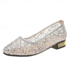Women's Gold Lace Flats with Metallic Heel – Elegant Sequin Embellished Ballet Shoes for Weddings, Parties, and Formal Occasions