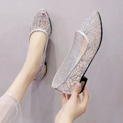Women's Gold Lace Flats with Metallic Heel – Elegant Sequin Embellished Ballet Shoes for Weddings, Parties, and Formal Occasions