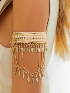 Women's Gold Layered Arm Cuff Bracelet with Leaf Charms - Boho Statement Jewelry for Parties and Festivals