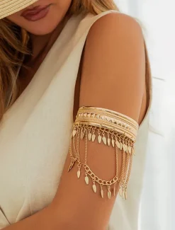 Women's Gold Layered Arm Cuff Bracelet with Leaf Charms - Boho Statement Jewelry for Parties and Festivals